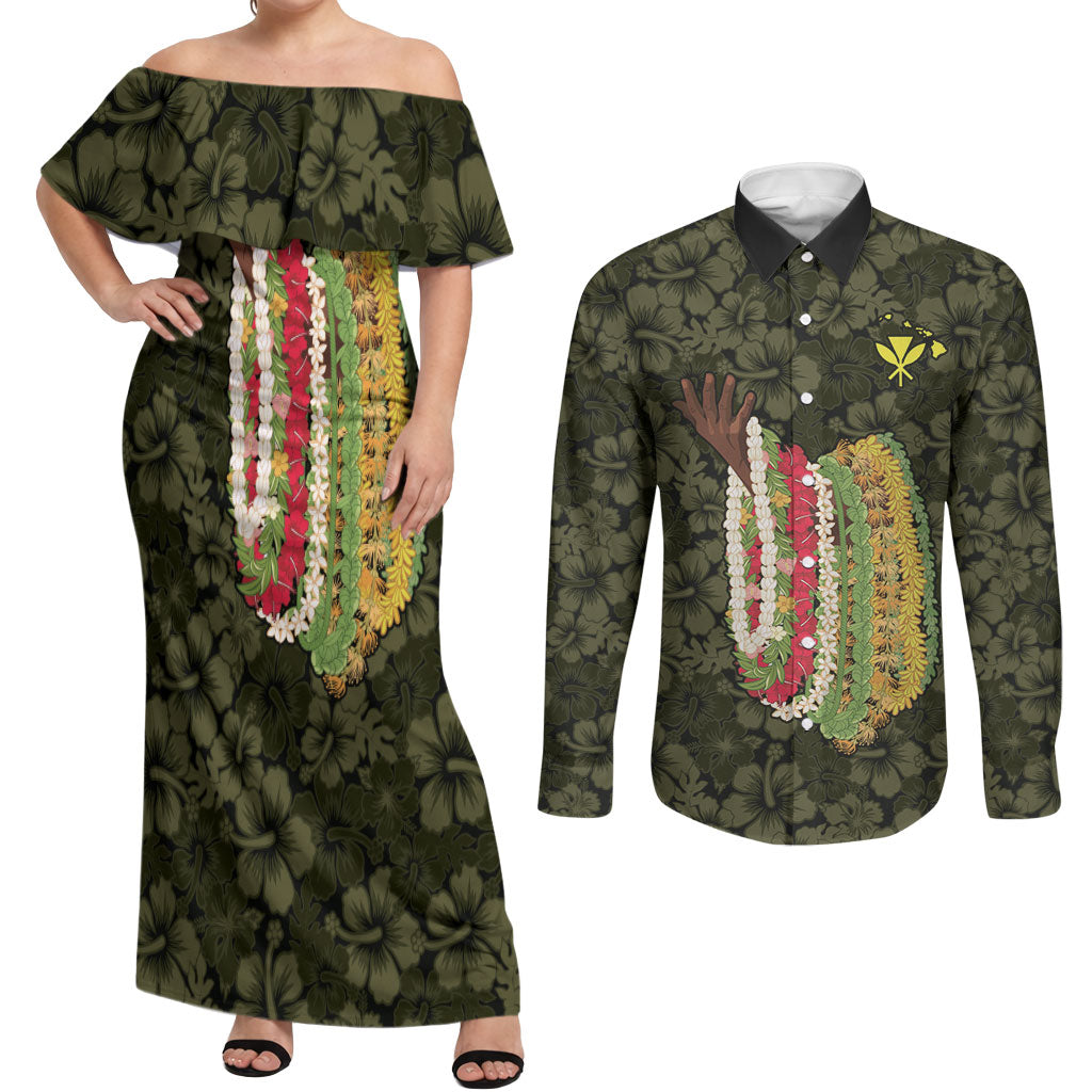 Hawaii Lei Kamehameha Couples Matching Off Shoulder Maxi Dress and Long Sleeve Button Shirt Melemele Seamless Pattern Hibiscus Flower LT9 Yellow - Polynesian Pride
