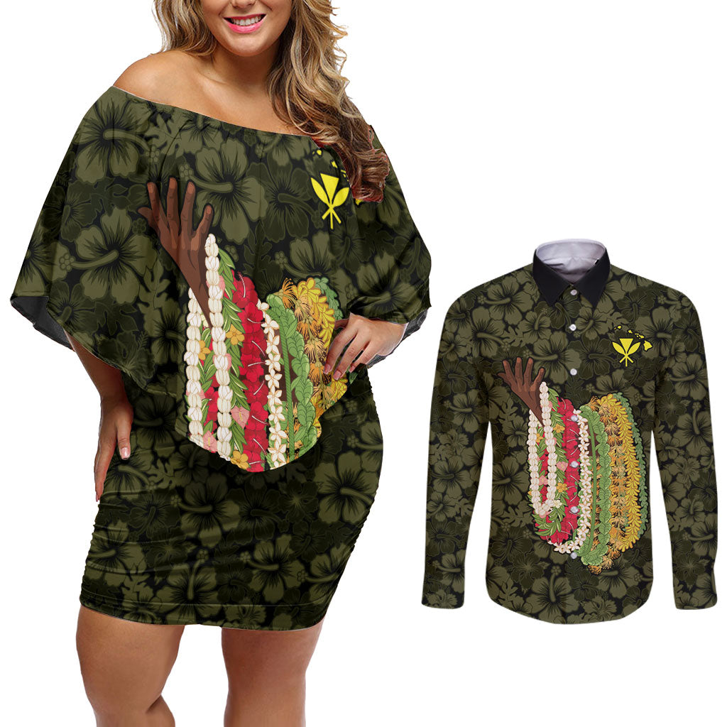Hawaii Lei Kamehameha Couples Matching Off Shoulder Short Dress and Long Sleeve Button Shirt Melemele Seamless Pattern Hibiscus Flower