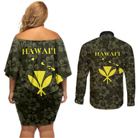 Hawaii Lei Kamehameha Couples Matching Off Shoulder Short Dress and Long Sleeve Button Shirt Melemele Seamless Pattern Hibiscus Flower