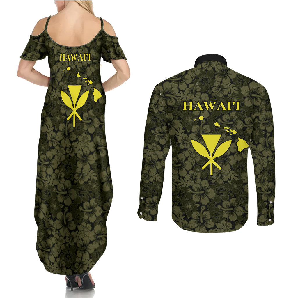 Hawaii Lei Kamehameha Couples Matching Summer Maxi Dress and Long Sleeve Button Shirt Melemele Seamless Pattern Hibiscus Flower