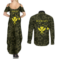 Hawaii Lei Kamehameha Couples Matching Summer Maxi Dress and Long Sleeve Button Shirt Melemele Seamless Pattern Hibiscus Flower