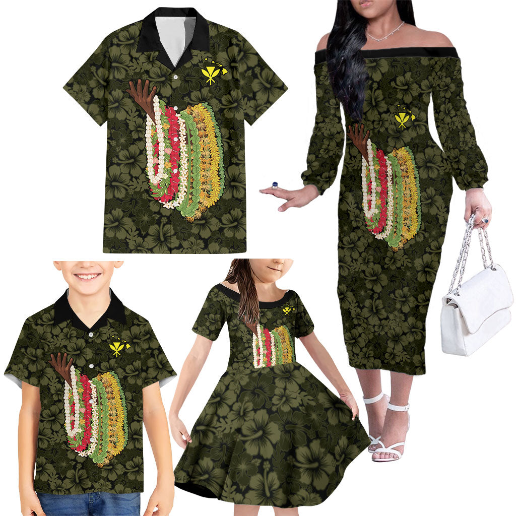 Hawaii Lei Kamehameha Family Matching Off The Shoulder Long Sleeve Dress and Hawaiian Shirt Melemele Seamless Pattern Hibiscus Flower