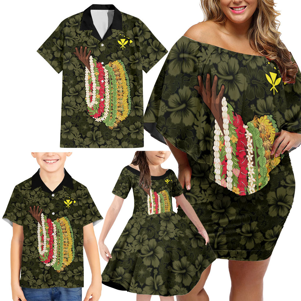 Hawaii Lei Kamehameha Family Matching Off Shoulder Short Dress and Hawaiian Shirt Melemele Seamless Pattern Hibiscus Flower
