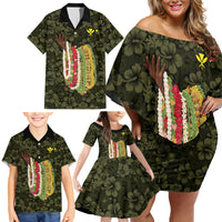 Hawaii Lei Kamehameha Family Matching Off Shoulder Short Dress and Hawaiian Shirt Melemele Seamless Pattern Hibiscus Flower