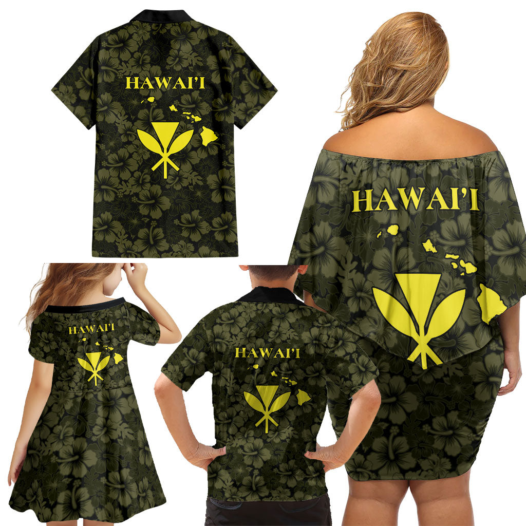 Hawaii Lei Kamehameha Family Matching Off Shoulder Short Dress and Hawaiian Shirt Melemele Seamless Pattern Hibiscus Flower