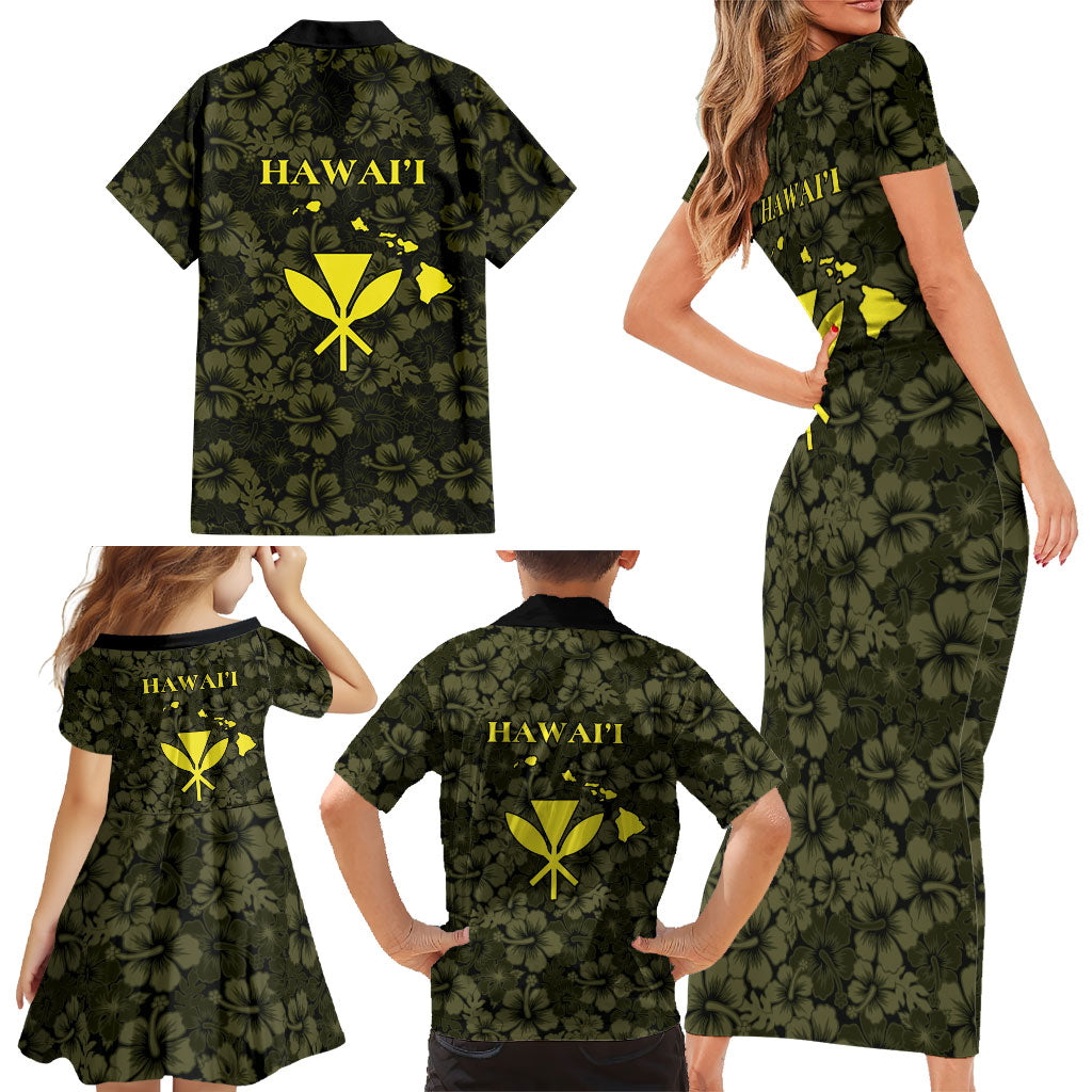 Hawaii Lei Kamehameha Family Matching Short Sleeve Bodycon Dress and Hawaiian Shirt Melemele Seamless Pattern Hibiscus Flower