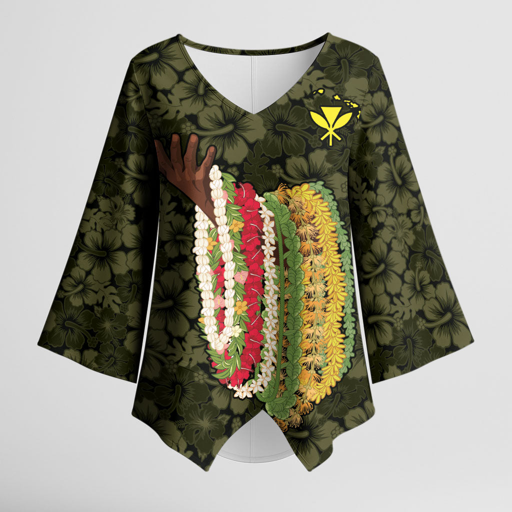 Hawaii Lei Kamehameha Kimono Sleeve Blouse Melemele Seamless Pattern Hibiscus Flower