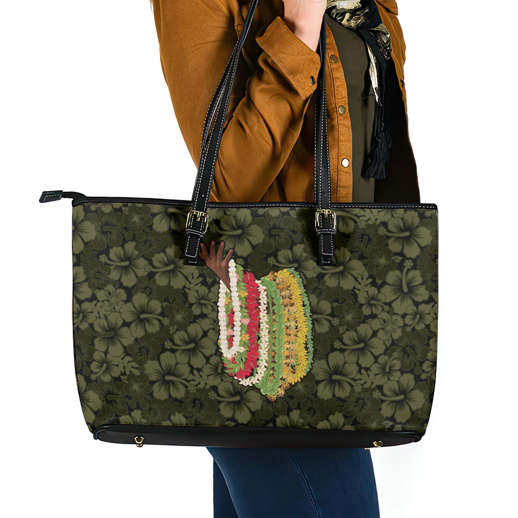 Hawaii Lei Kamehameha Leather Tote Bag Melemele Seamless Pattern Hibiscus Flower LT9 - Polynesian Pride