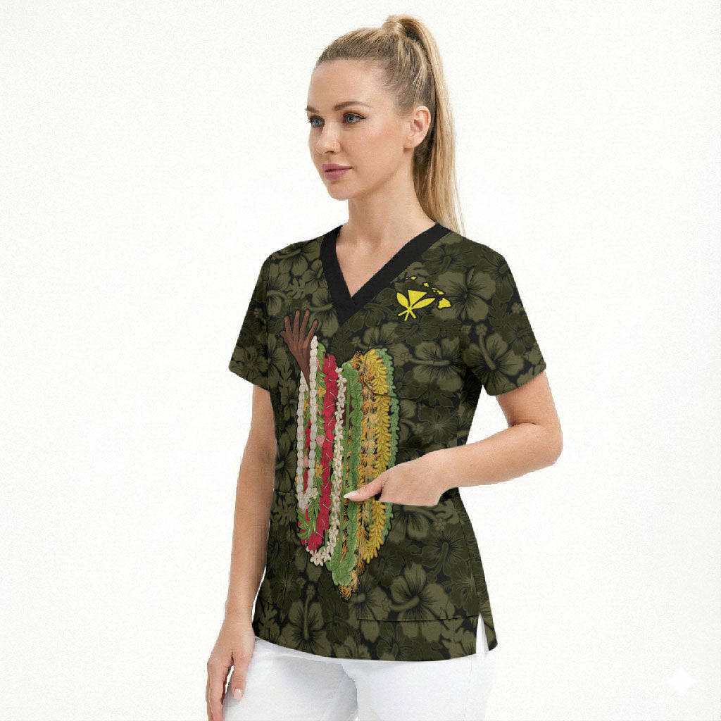 Hawaii Lei Kamehameha Scrub Top Melemele Seamless Pattern Hibiscus Flower