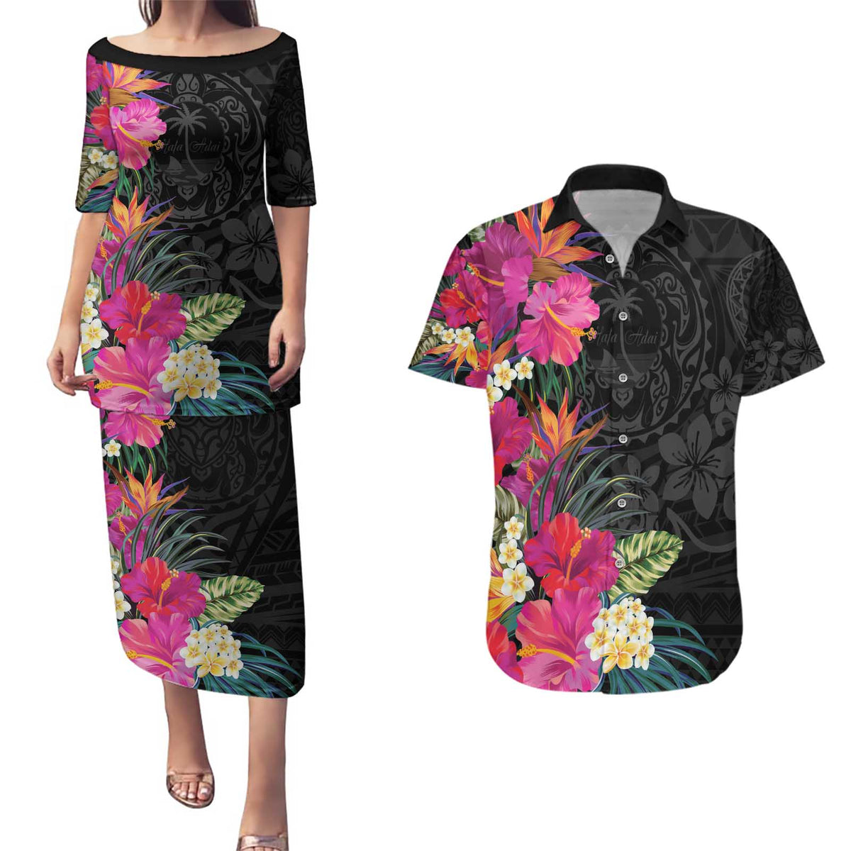 Hafa Adai Guam Couples Matching Puletasi and Hawaiian Shirt Tropical Flowers Colorful Vibes