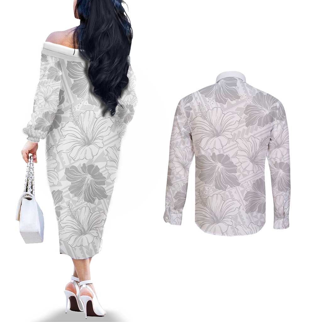 Samoa Lotu Tamaiti Couples Matching Off The Shoulder Long Sleeve Dress and Long Sleeve Button Shirt White Sun Day Beauty Hibiscus Ver01