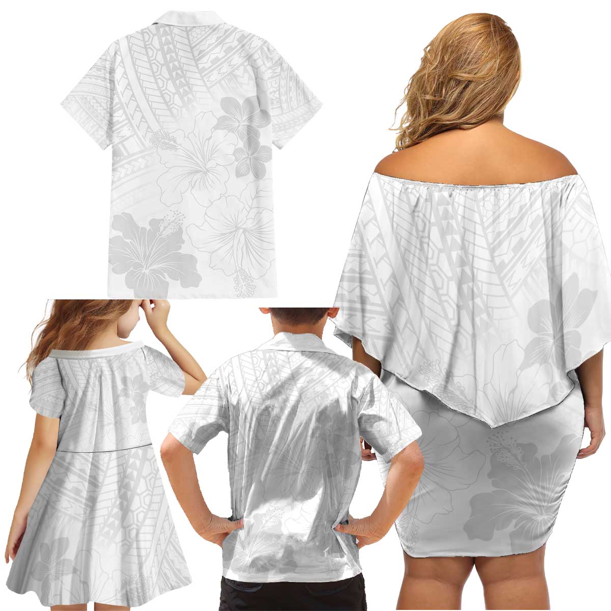 Samoa Lotu Tamaiti Family Matching Off Shoulder Short Dress and Hawaiian Shirt White Sun Day Beauty Hibiscus Ver02