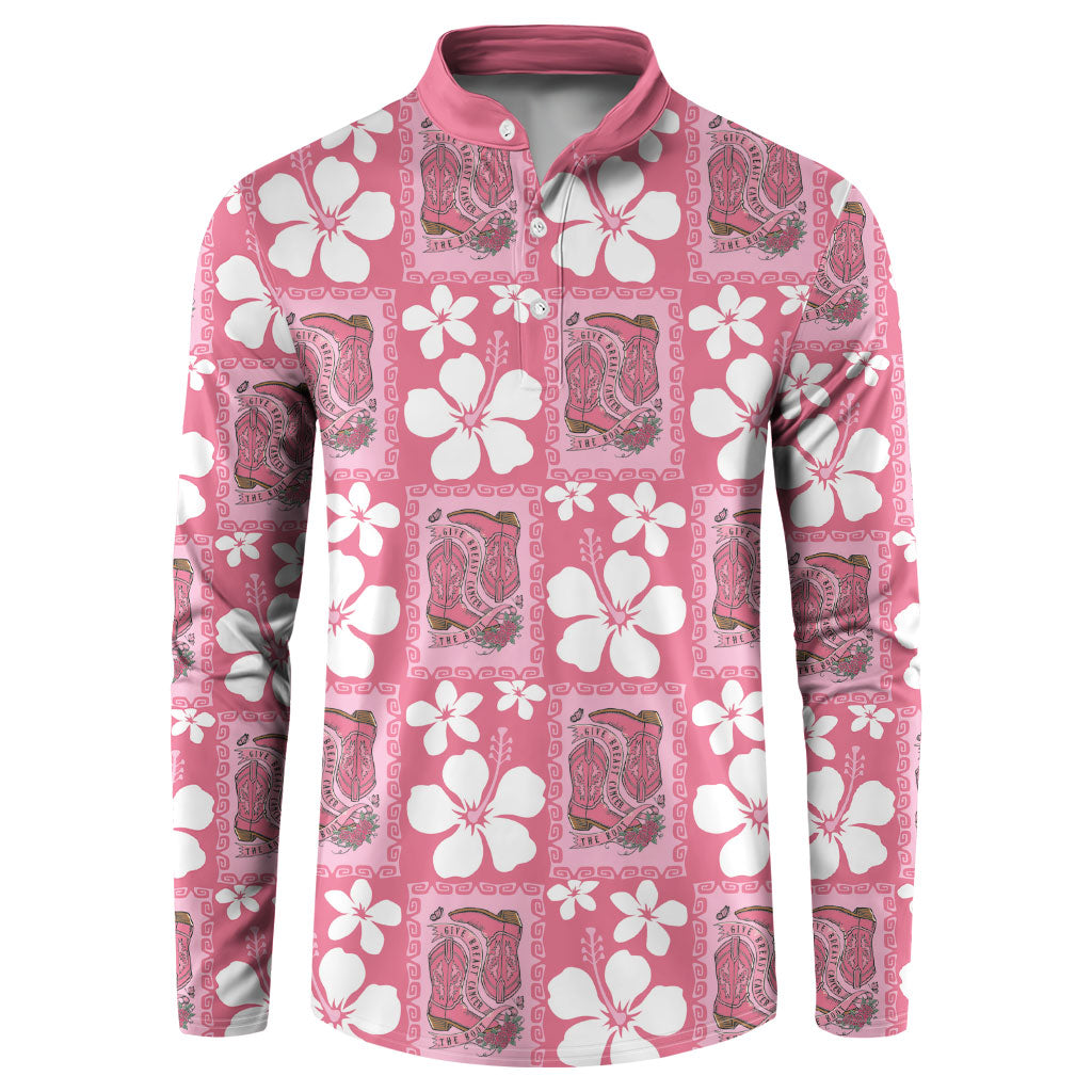 Give Cancer The Boot Pink Cowgirl Button Sweatshirt Western Aloha Hibiscus Paniolo Heritage Floral LT9 Pink - Polynesian Pride