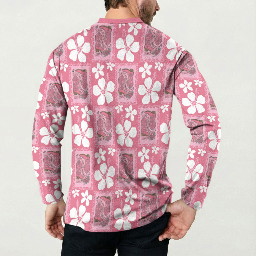 Give Cancer The Boot Pink Cowgirl Button Sweatshirt Western Aloha Hibiscus Paniolo Heritage Floral LT9 - Polynesian Pride