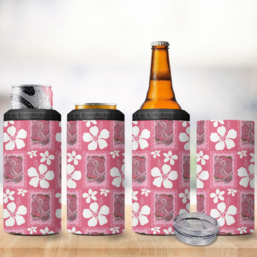 Give Cancer The Boot Pink Cowgirl 4 in 1 Can Cooler Tumbler Western Aloha Hibiscus Paniolo Heritage Floral LT9 - Polynesian Pride
