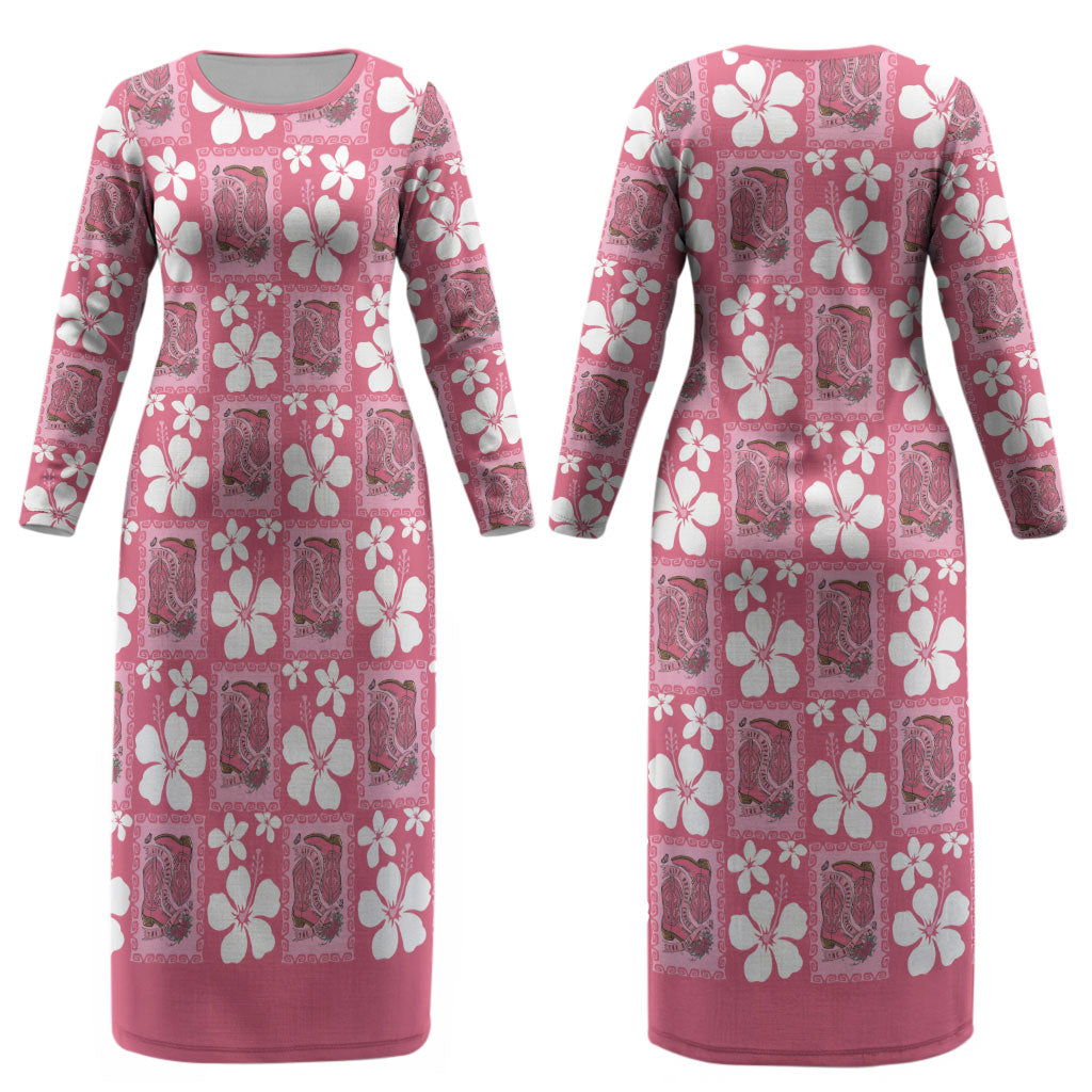 Give Cancer The Boot Pink Cowgirl Couples Matching Long Sleeve Bodycon Dress and Hawaiian Shirt Western Aloha Hibiscus Paniolo Heritage Floral LT9 - Polynesian Pride