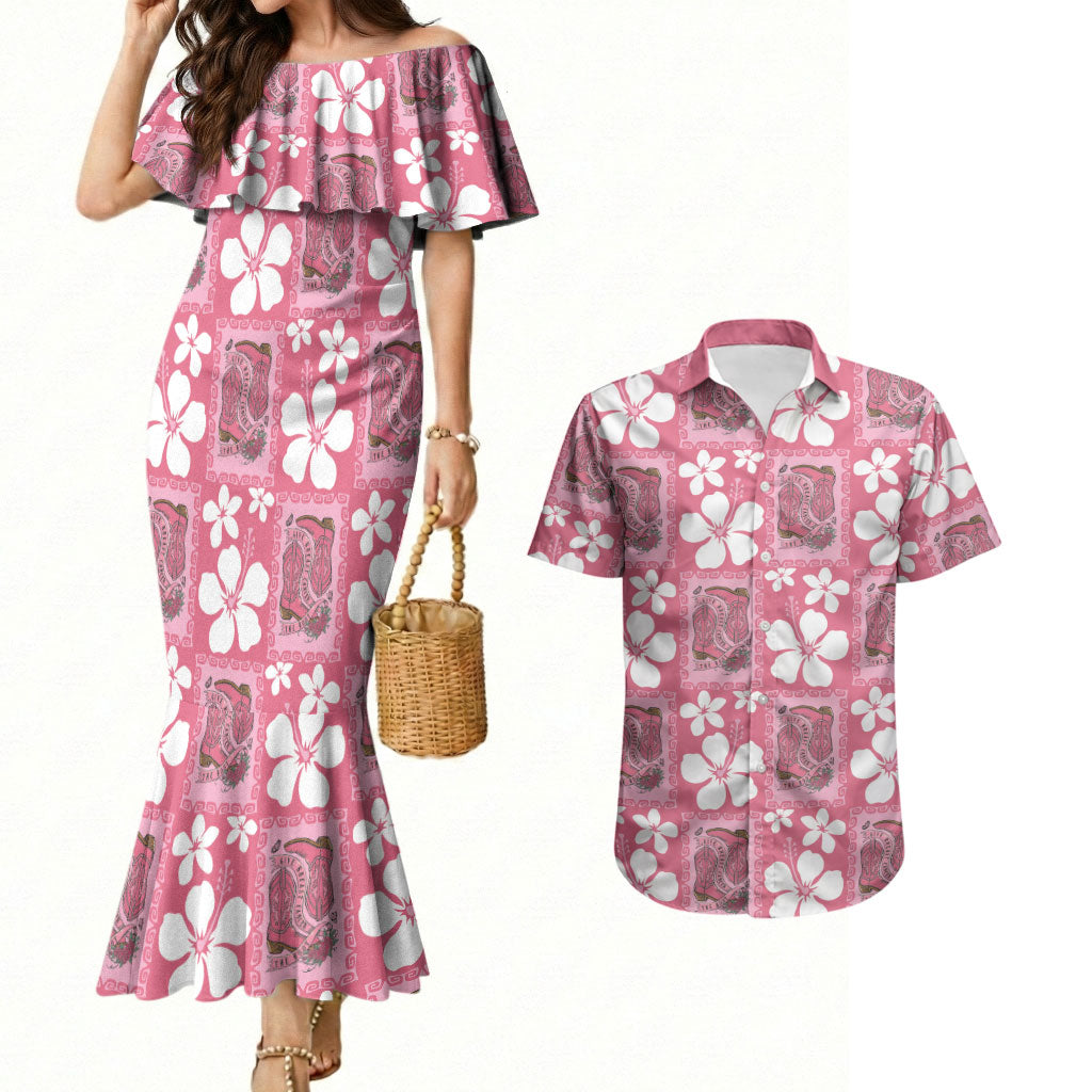 Give Cancer The Boot Pink Cowgirl Couples Matching Mermaid Dress and Hawaiian Shirt Western Aloha Hibiscus Paniolo Heritage Floral LT9 Pink - Polynesian Pride