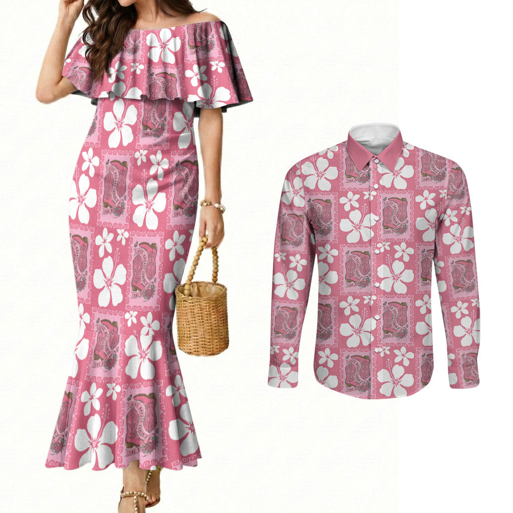 Give Cancer The Boot Pink Cowgirl Couples Matching Mermaid Dress and Long Sleeve Button Shirt Western Aloha Hibiscus Paniolo Heritage Floral LT9 Pink - Polynesian Pride