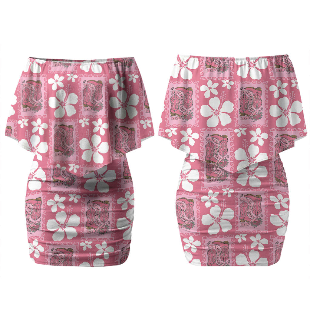 Give Cancer The Boot Pink Cowgirl Couples Matching Off Shoulder Short Dress and Hawaiian Shirt Western Aloha Hibiscus Paniolo Heritage Floral LT9 - Polynesian Pride