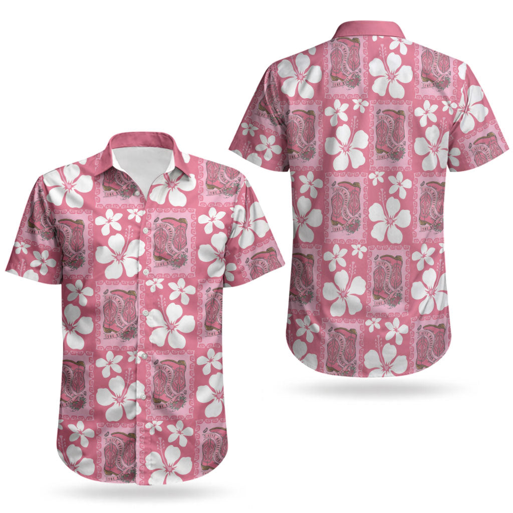 Give Cancer The Boot Pink Cowgirl Couples Matching Off Shoulder Short Dress and Hawaiian Shirt Western Aloha Hibiscus Paniolo Heritage Floral LT9 - Polynesian Pride