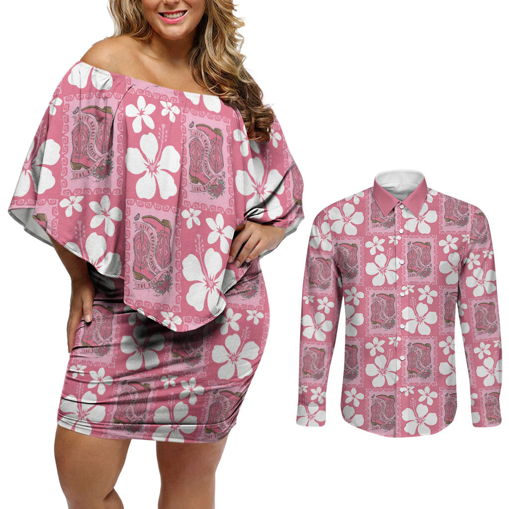 Give Cancer The Boot Pink Cowgirl Couples Matching Off Shoulder Short Dress and Long Sleeve Button Shirt Western Aloha Hibiscus Paniolo Heritage Floral LT9 Pink - Polynesian Pride