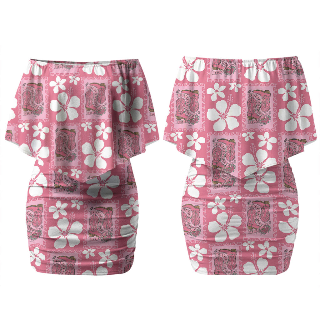 Give Cancer The Boot Pink Cowgirl Couples Matching Off Shoulder Short Dress and Long Sleeve Button Shirt Western Aloha Hibiscus Paniolo Heritage Floral LT9 - Polynesian Pride