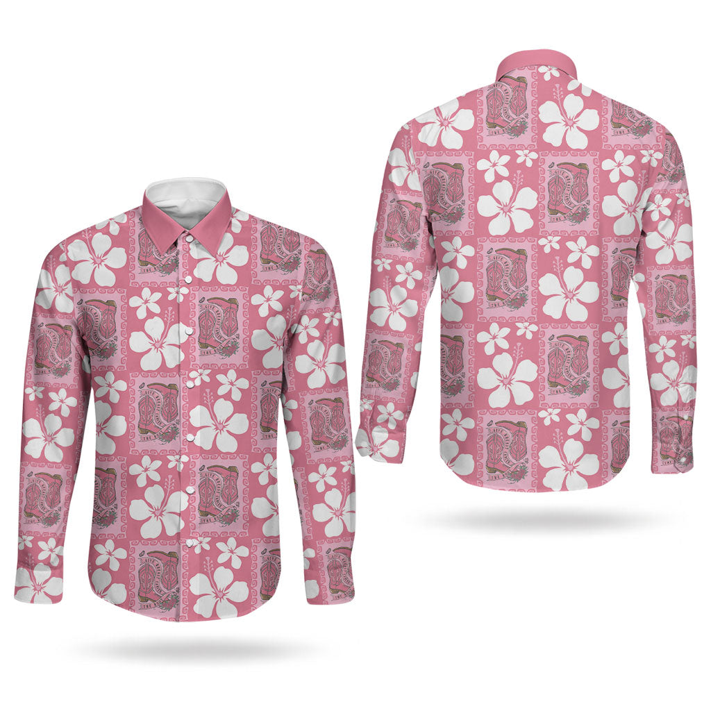 Give Cancer The Boot Pink Cowgirl Couples Matching Puletasi and Long Sleeve Button Shirt Western Aloha Hibiscus Paniolo Heritage Floral LT9 - Polynesian Pride