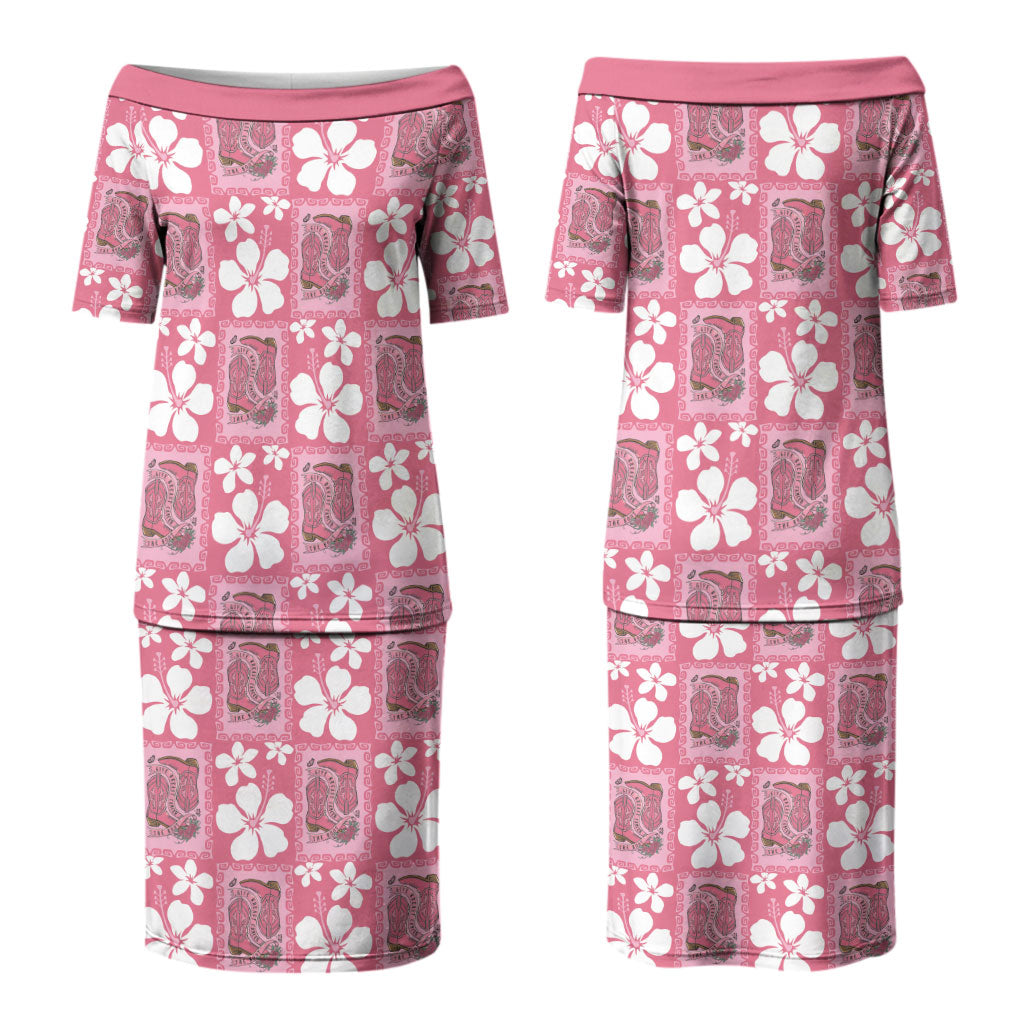 Give Cancer The Boot Pink Cowgirl Couples Matching Puletasi and Long Sleeve Button Shirt Western Aloha Hibiscus Paniolo Heritage Floral LT9 - Polynesian Pride