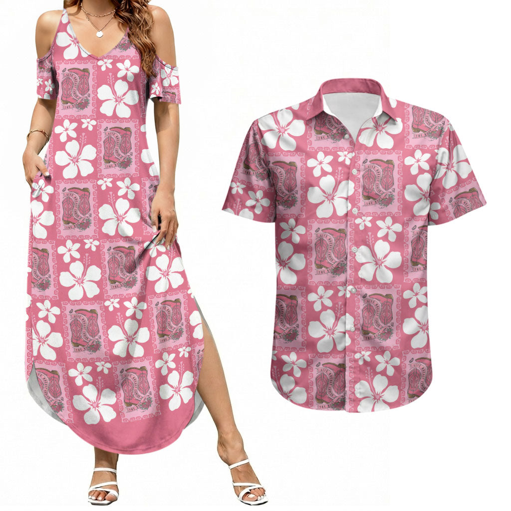 Give Cancer The Boot Pink Cowgirl Couples Matching Summer Maxi Dress and Hawaiian Shirt Western Aloha Hibiscus Paniolo Heritage Floral LT9 Pink - Polynesian Pride