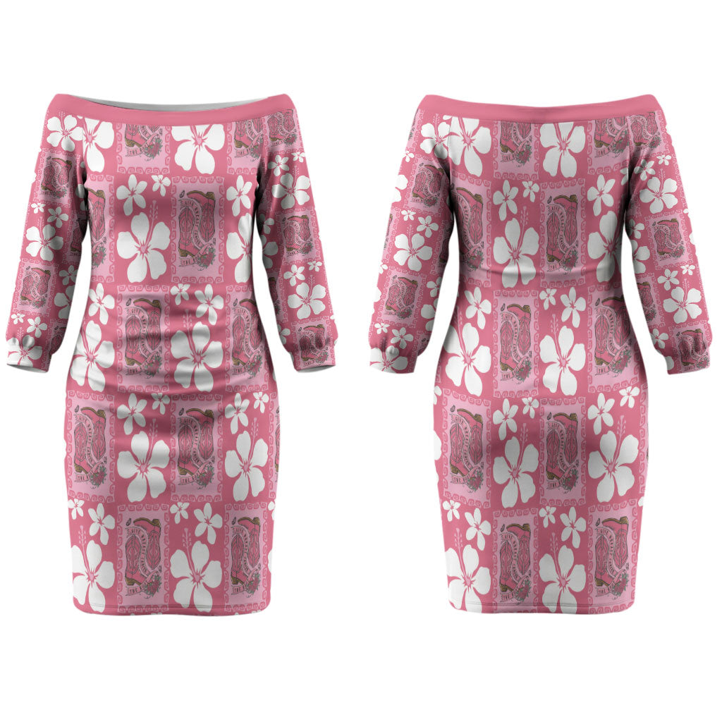 Give Cancer The Boot Pink Cowgirl Family Matching Off The Shoulder Long Sleeve Dress and Hawaiian Shirt Western Aloha Hibiscus Paniolo Heritage Floral LT9 Mom's Dress Pink - Polynesian Pride