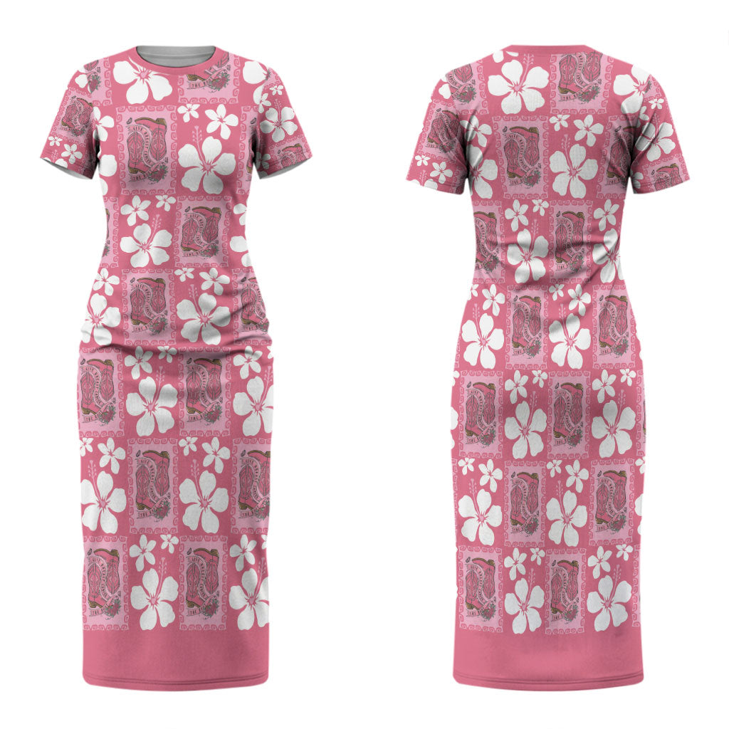 Give Cancer The Boot Pink Cowgirl Family Matching Short Sleeve Bodycon Dress and Hawaiian Shirt Western Aloha Hibiscus Paniolo Heritage Floral LT9 Mom's Dress Pink - Polynesian Pride