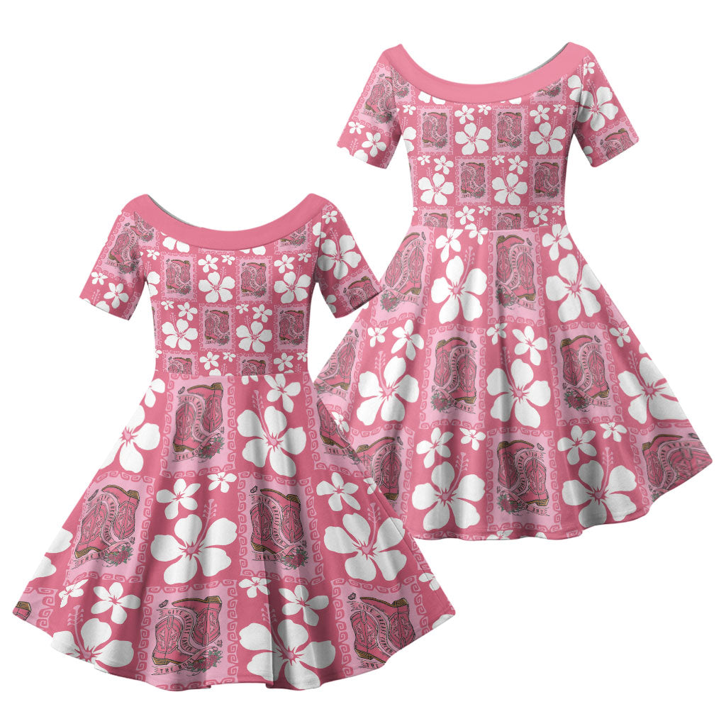 Give Cancer The Boot Pink Cowgirl Family Matching Summer Maxi Dress and Hawaiian Shirt Western Aloha Hibiscus Paniolo Heritage Floral LT9 Daughter's Dress Pink - Polynesian Pride