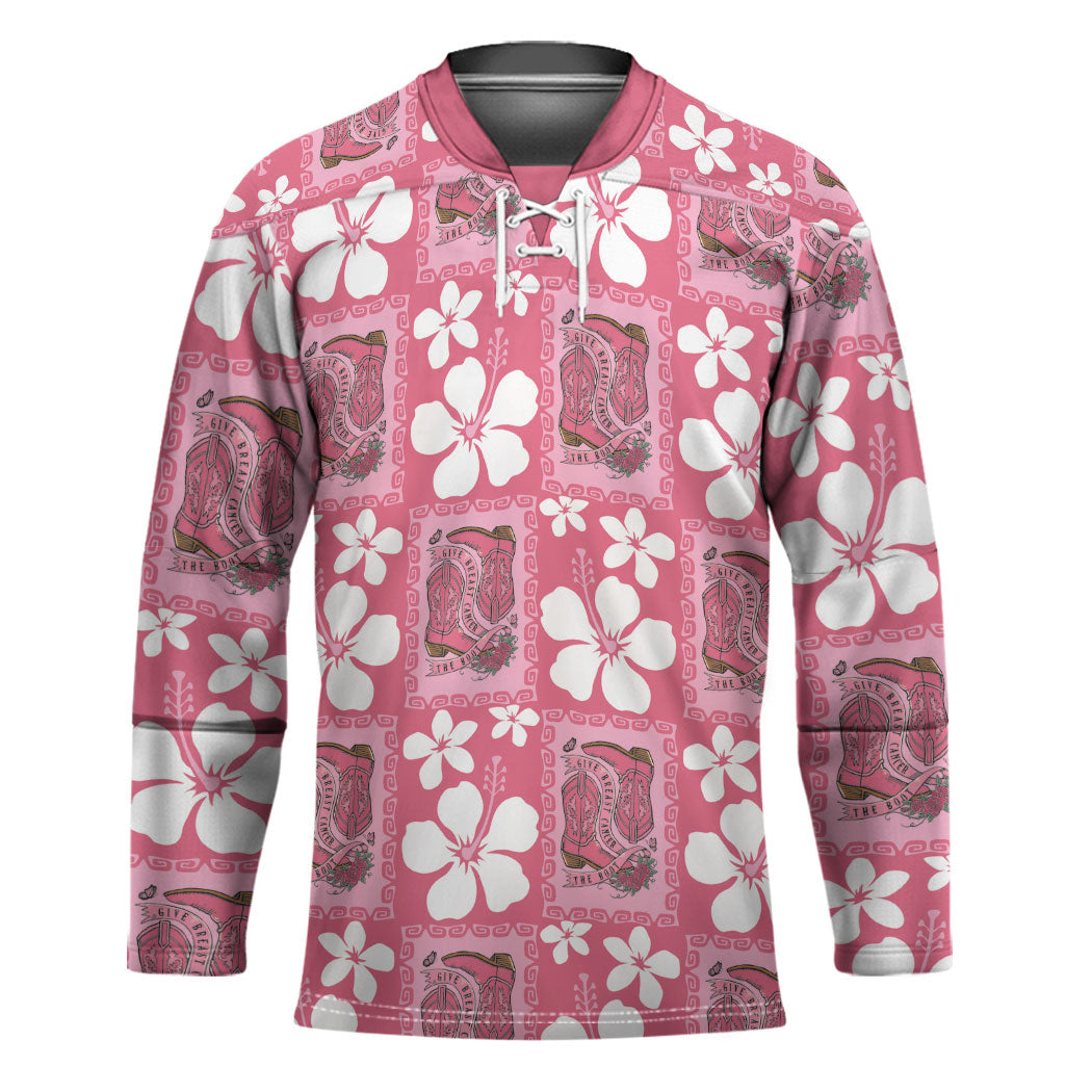 Give Cancer The Boot Pink Cowgirl Hockey Jersey Western Aloha Hibiscus Paniolo Heritage Floral LT9 Unisex Pink - Polynesian Pride