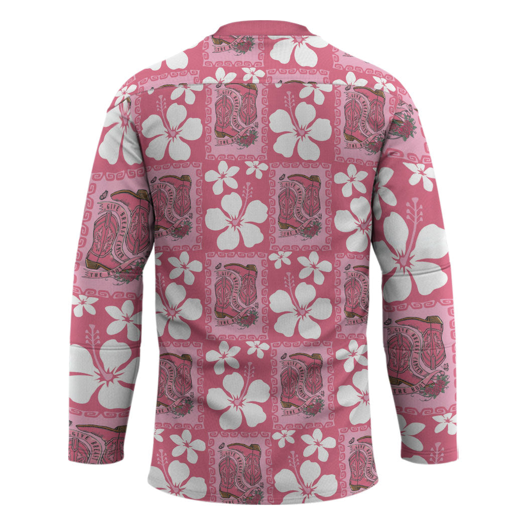 Give Cancer The Boot Pink Cowgirl Hockey Jersey Western Aloha Hibiscus Paniolo Heritage Floral LT9 - Polynesian Pride