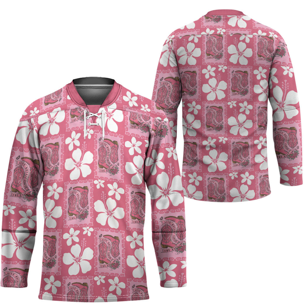 Give Cancer The Boot Pink Cowgirl Hockey Jersey Western Aloha Hibiscus Paniolo Heritage Floral LT9 - Polynesian Pride