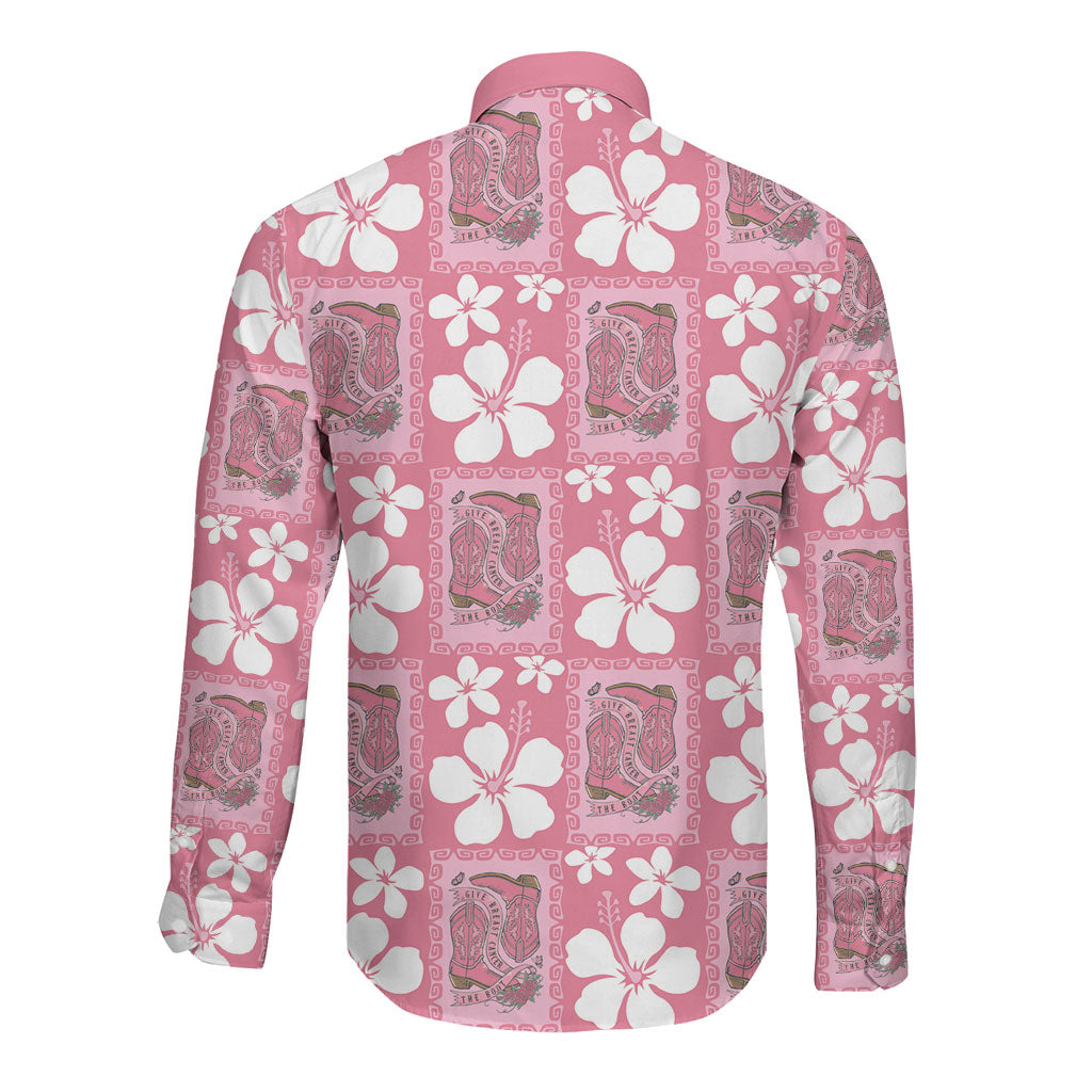 Give Cancer The Boot Pink Cowgirl Long Sleeve Button Shirt Western Aloha Hibiscus Paniolo Heritage Floral LT9 - Polynesian Pride