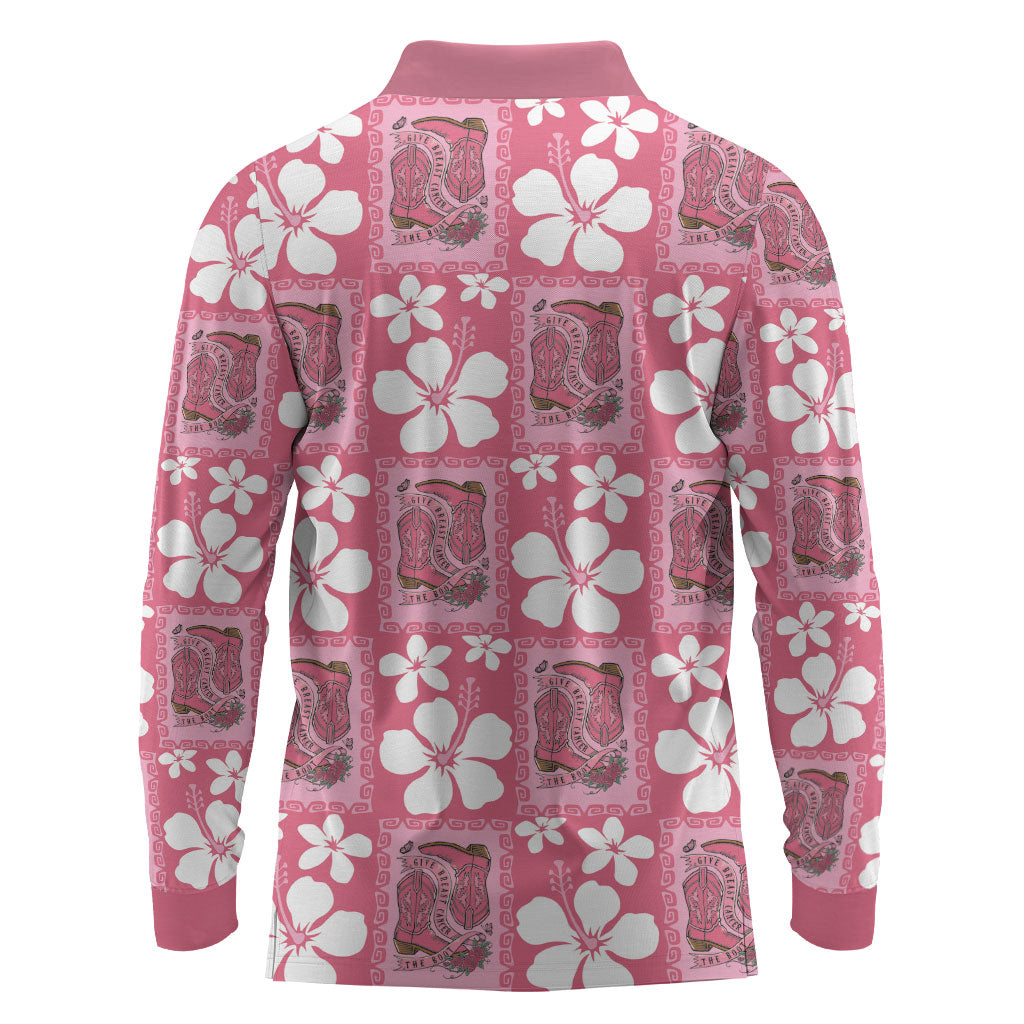 Give Cancer The Boot Pink Cowgirl Long Sleeve Polo Shirt Western Aloha Hibiscus Paniolo Heritage Floral LT9 - Polynesian Pride