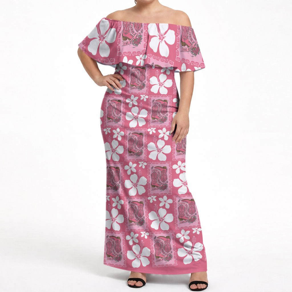 Give Cancer The Boot Pink Cowgirl Off Shoulder Maxi Dress Western Aloha Hibiscus Paniolo Heritage Floral LT9 Women Pink - Polynesian Pride
