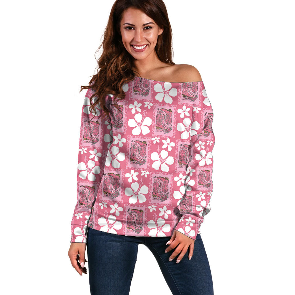 Give Cancer The Boot Pink Cowgirl Off Shoulder Sweater Western Aloha Hibiscus Paniolo Heritage Floral LT9 Women Pink - Polynesian Pride