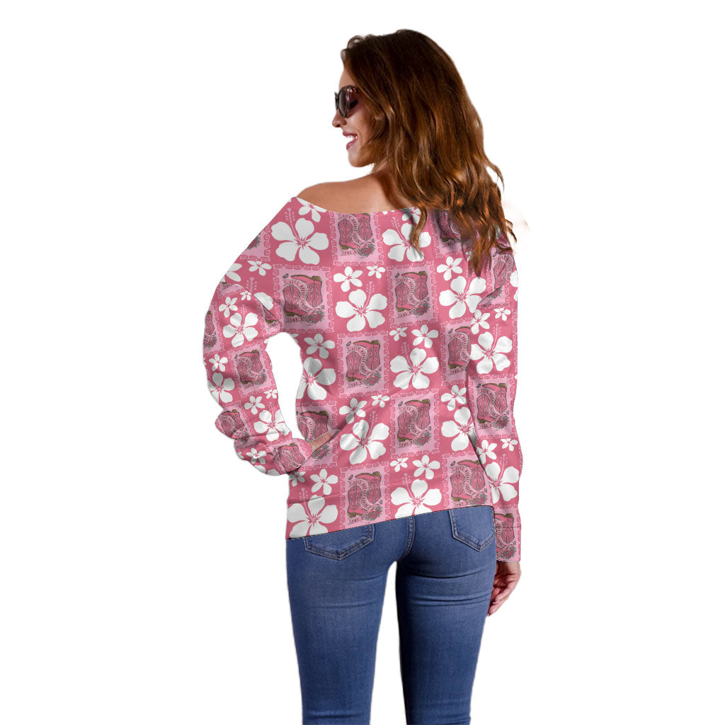 Give Cancer The Boot Pink Cowgirl Off Shoulder Sweater Western Aloha Hibiscus Paniolo Heritage Floral LT9 - Polynesian Pride