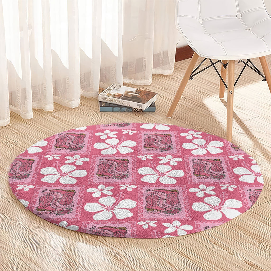 Give Cancer The Boot Pink Cowgirl Round Carpet Western Aloha Hibiscus Paniolo Heritage Floral LT9 - Polynesian Pride