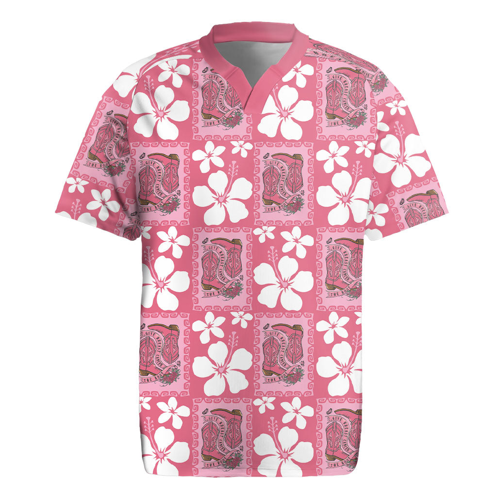 Give Cancer The Boot Pink Cowgirl Rugby Jersey Western Aloha Hibiscus Paniolo Heritage Floral