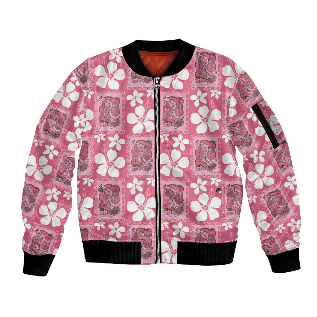 Give Cancer The Boot Pink Cowgirl Sleeve Zip Bomber Jacket Western Aloha Hibiscus Paniolo Heritage Floral LT9 Unisex Pink - Polynesian Pride