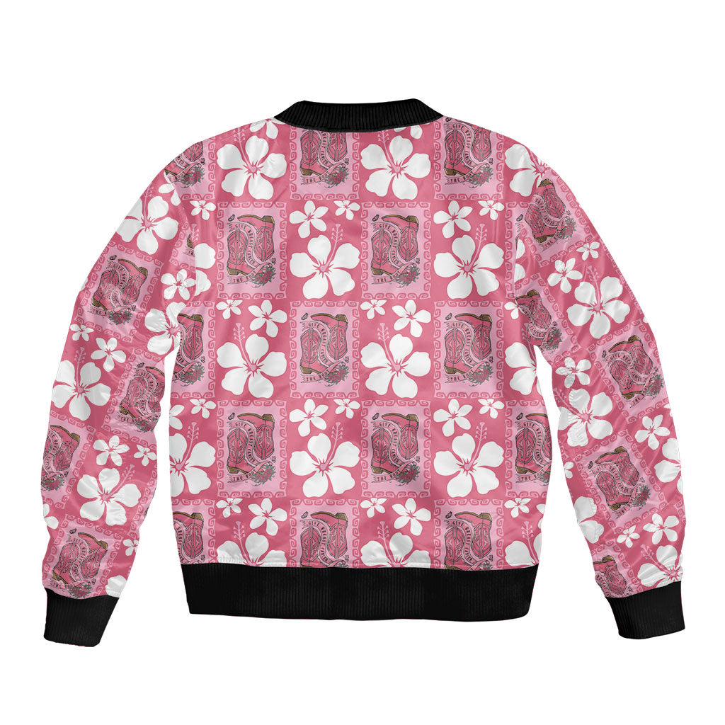 Give Cancer The Boot Pink Cowgirl Sleeve Zip Bomber Jacket Western Aloha Hibiscus Paniolo Heritage Floral LT9 - Polynesian Pride