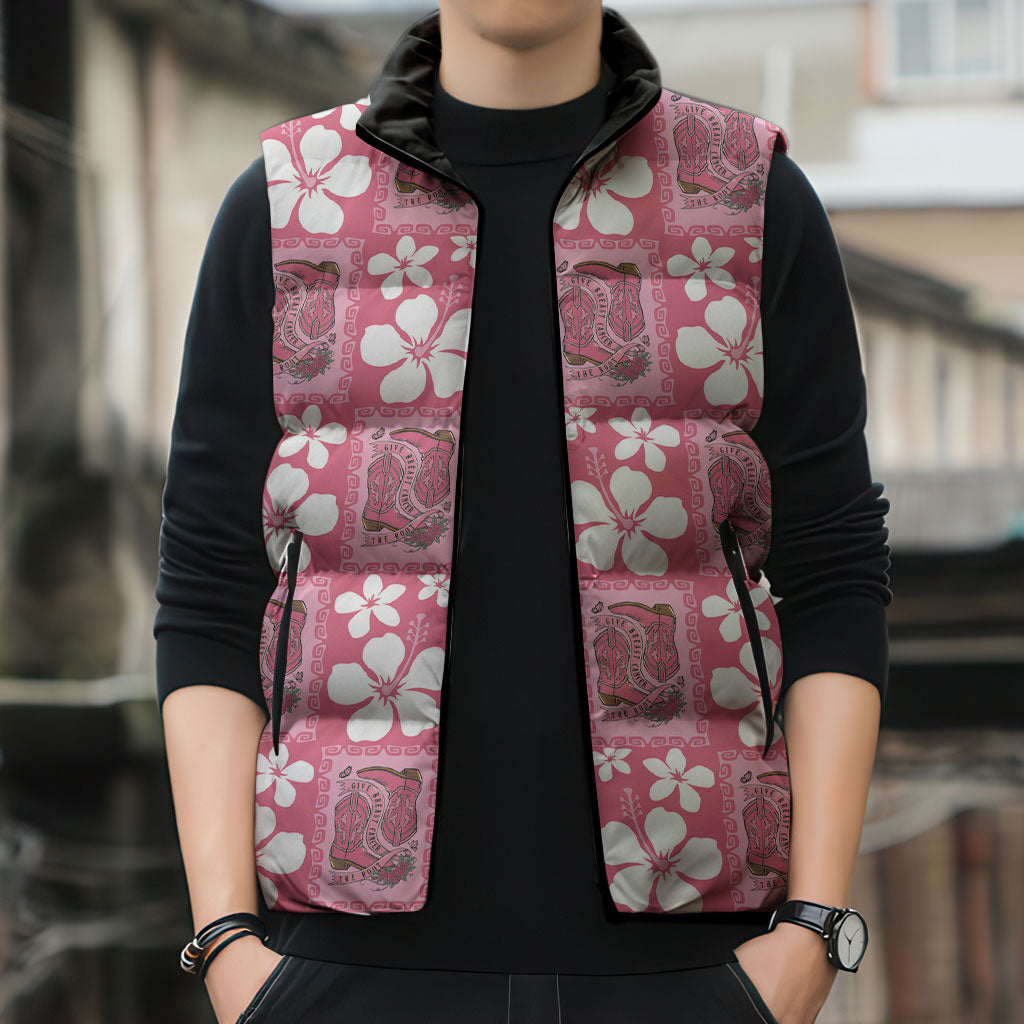 Give Cancer The Boot Pink Cowgirl Sleeveless Puffer Jacket Western Aloha Hibiscus Paniolo Heritage Floral LT9 - Polynesian Pride