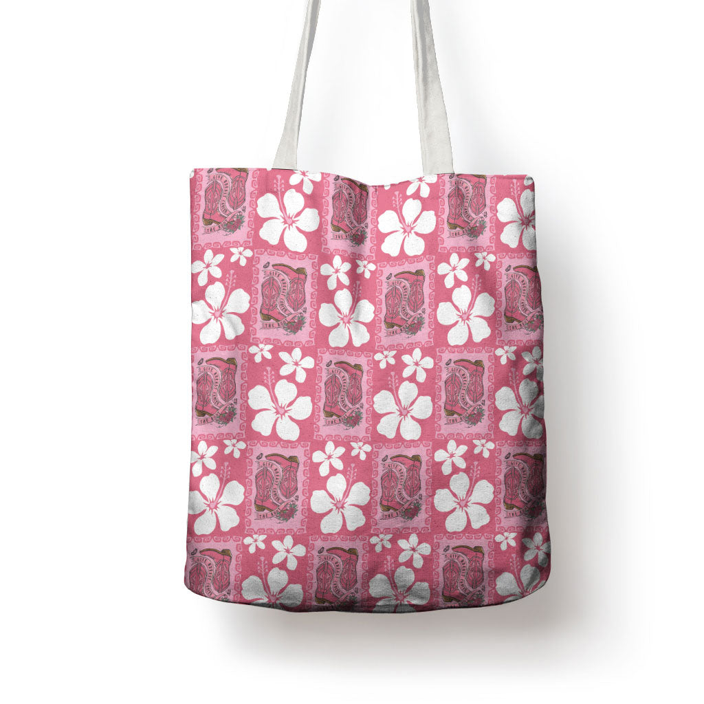 Give Cancer The Boot Pink Cowgirl Tote Bag Western Aloha Hibiscus Paniolo Heritage Floral LT9 - Polynesian Pride