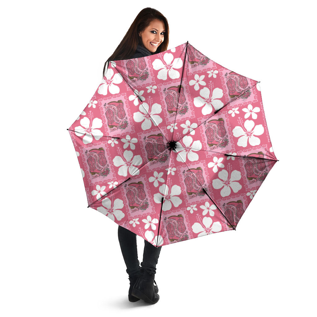 Give Cancer The Boot Pink Cowgirl Umbrella Western Aloha Hibiscus Paniolo Heritage Floral LT9 - Polynesian Pride