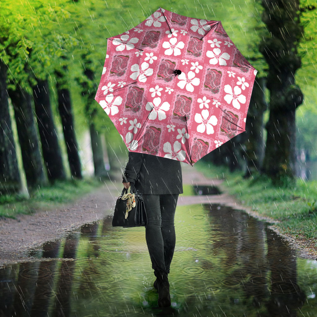 Give Cancer The Boot Pink Cowgirl Umbrella Western Aloha Hibiscus Paniolo Heritage Floral LT9 - Polynesian Pride