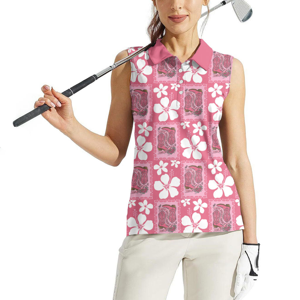 Give Cancer The Boot Pink Cowgirl Women Sleeveless Polo Shirt Western Aloha Hibiscus Paniolo Heritage Floral LT9 - Polynesian Pride