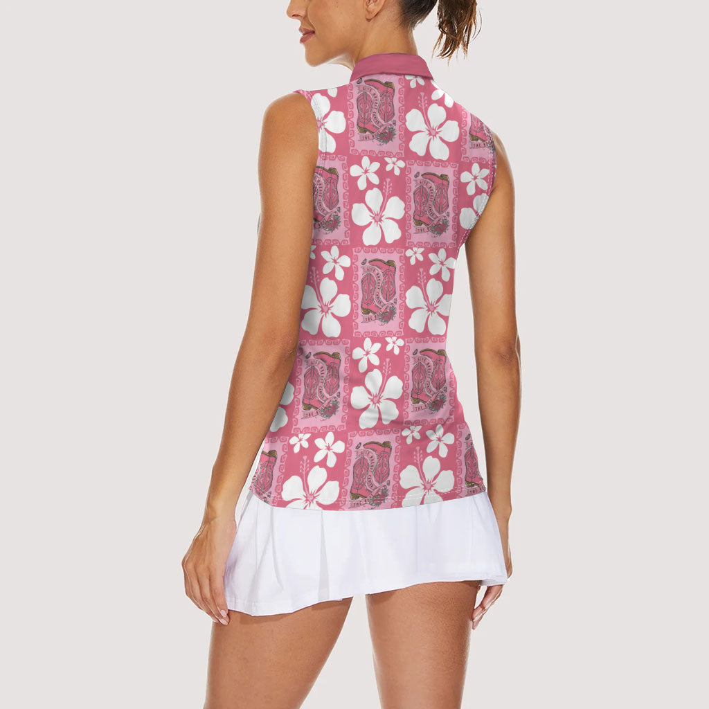 Give Cancer The Boot Pink Cowgirl Women Sleeveless Polo Shirt Western Aloha Hibiscus Paniolo Heritage Floral LT9 - Polynesian Pride